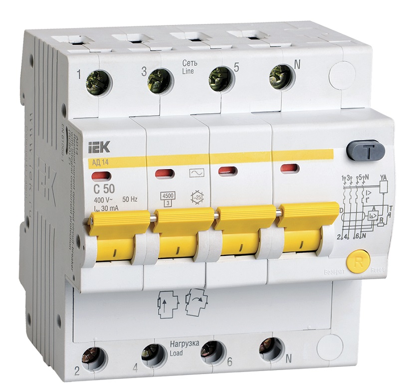 Автомат дифференциального тока АВДТ IEK KARAT АД14 4п 50А 30мА 4,5кА C тип AC
